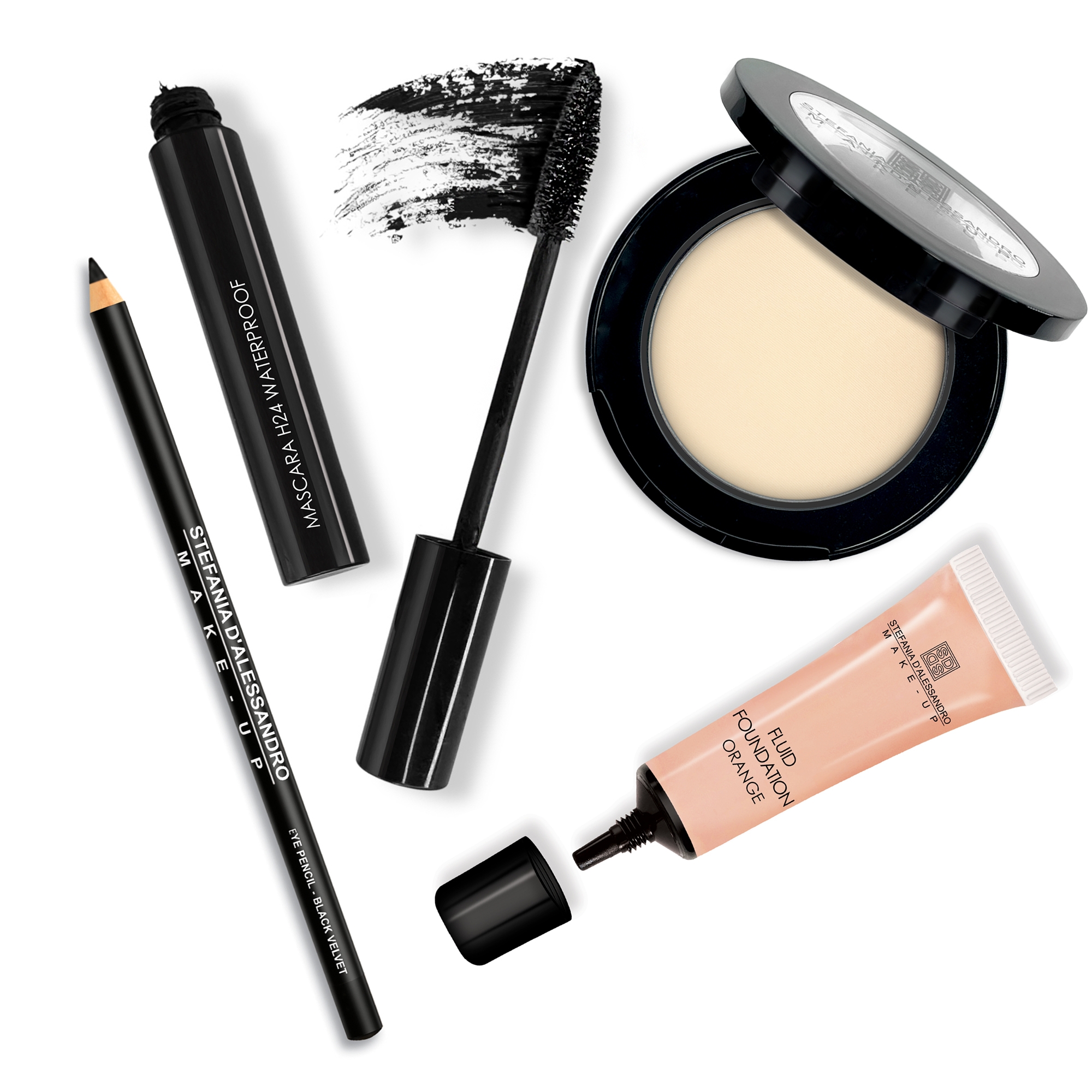 KIT-Fluid-F.-MINI-Orange,-Cipria-compatta-beige,-mascara-h24,-matita-black-velvet